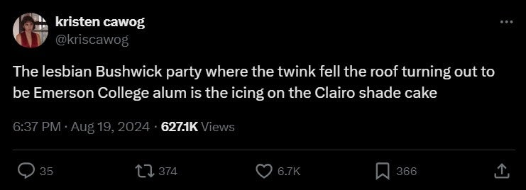 'The lesbian Bushwick party where the twink fell the roof turning out to be Emerson College alum is the icing on the Clairo shade cake' tweet