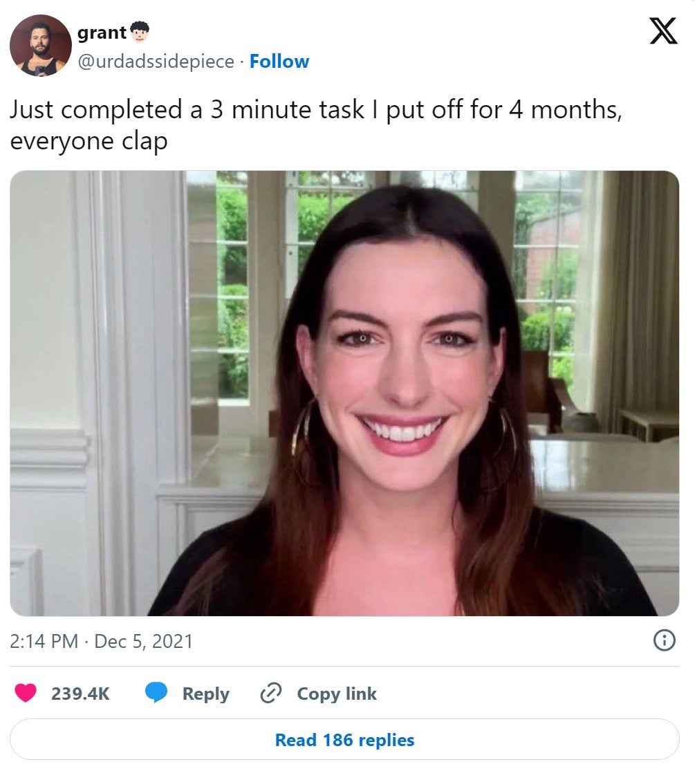 'Just completed a 3 minute task I put off for 4 months, everyone clap' anne hathaway zoom meme