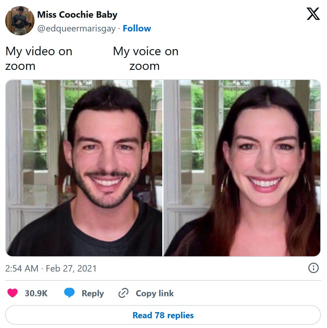 anne hathaway zoom meme 'my video on zoom v my voice on zoom'