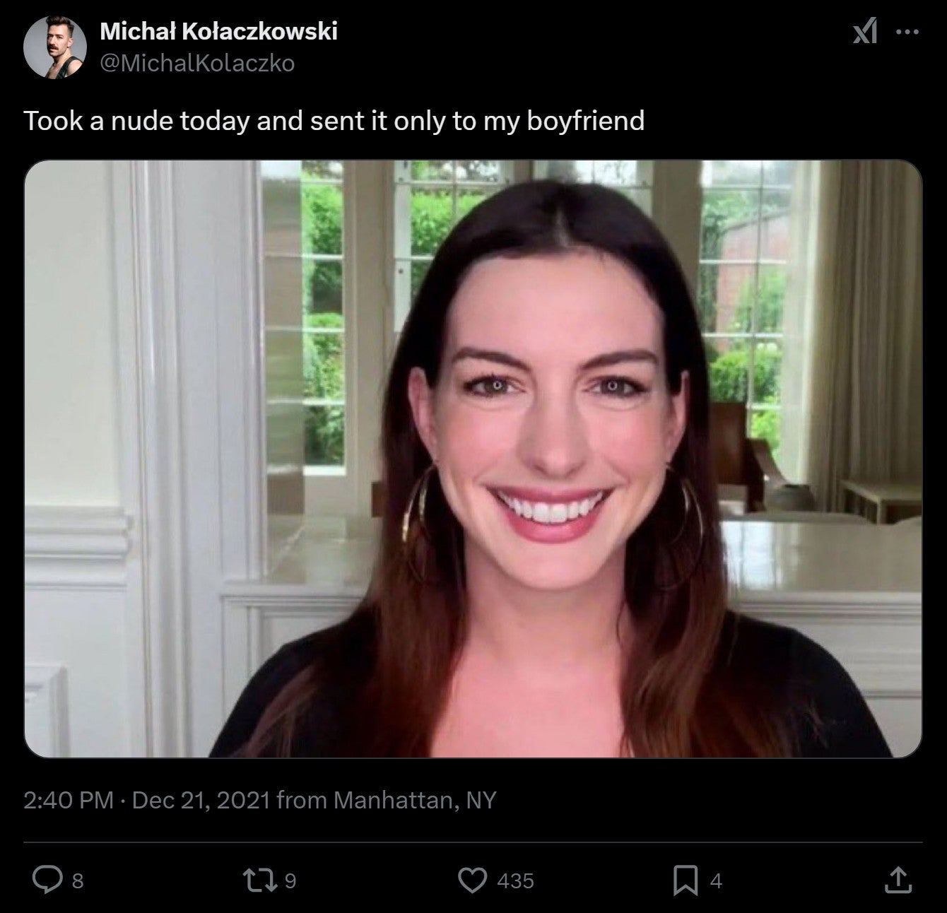 'Took a nude today and sent it only to my boyfriend' anne hathaway zoom meme