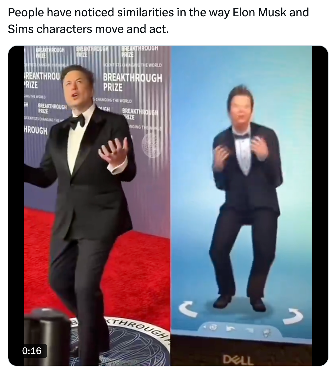 Tweet about Elon Musk's movements looking like Sims. Comment reads, 'People have noticed similarities in the way Elon Musk and Sims characters move and act.' with a video of Elon Musk beside a video of a Sims character.