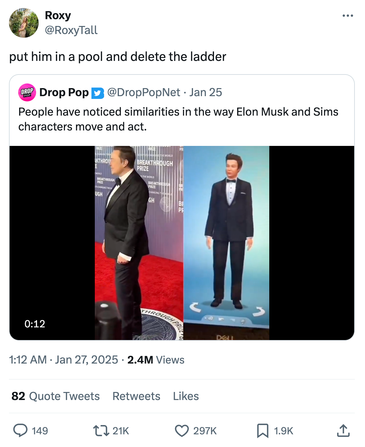 Tweet about Elon Musk's movements looking like Sims. Comment reads, 'put him in a pool and delete the ladder.'