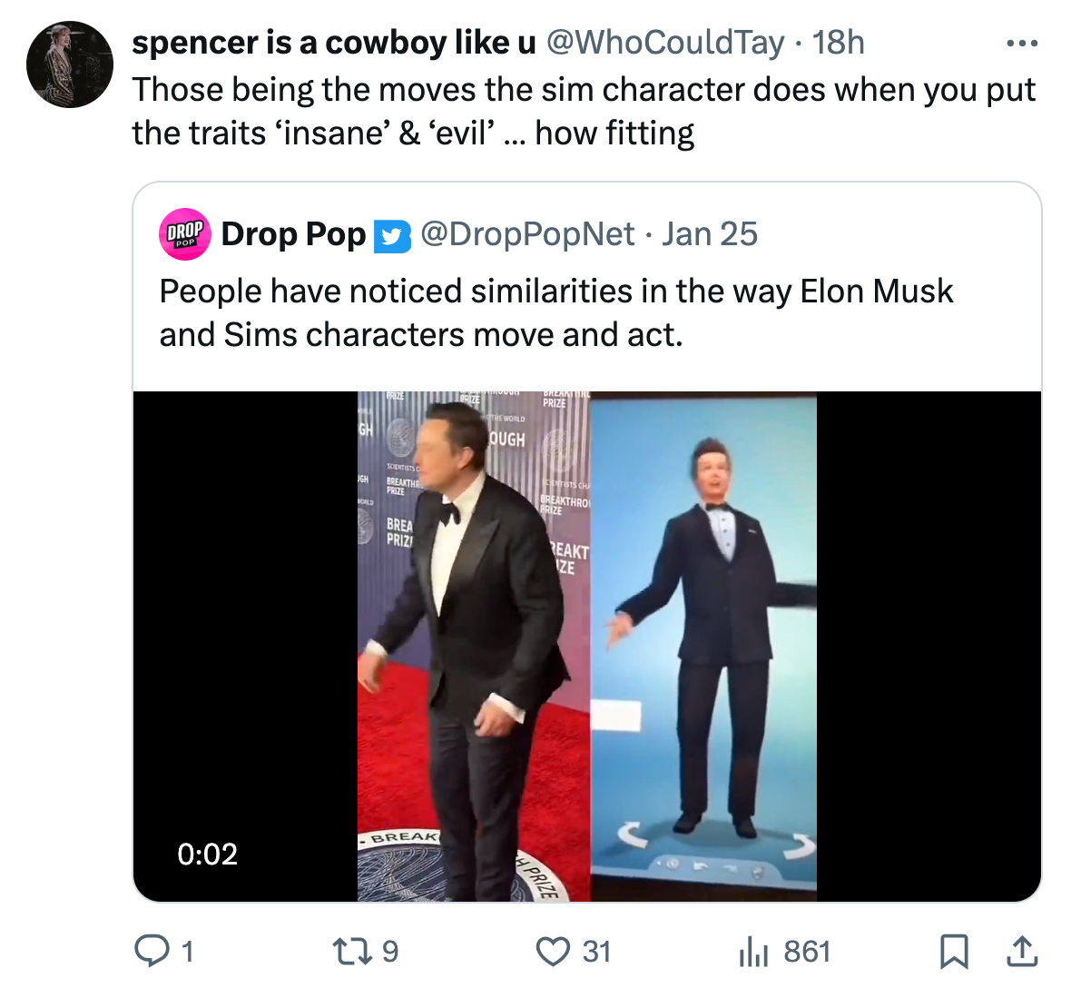Tweet about Elon Musk's movements looking like Sims. Comment reads, 'Those being the moves the sim character does when you put the traits ‘insane’ & ‘evil’ … how fitting'