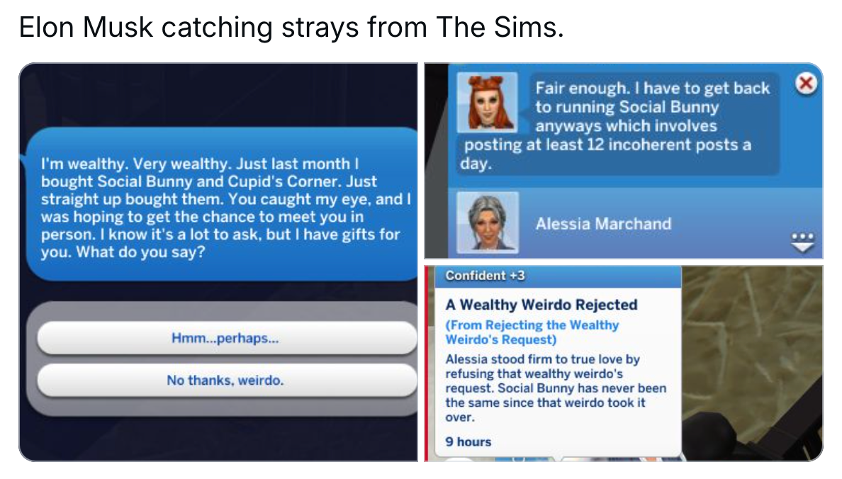 Post about Elon Musk's movements looking like Sims. Comment reads, 'Elon Musk catching strays from The Sims.' with screenshots from the Sims update of the 'Wealthy Weirdo' NPC.