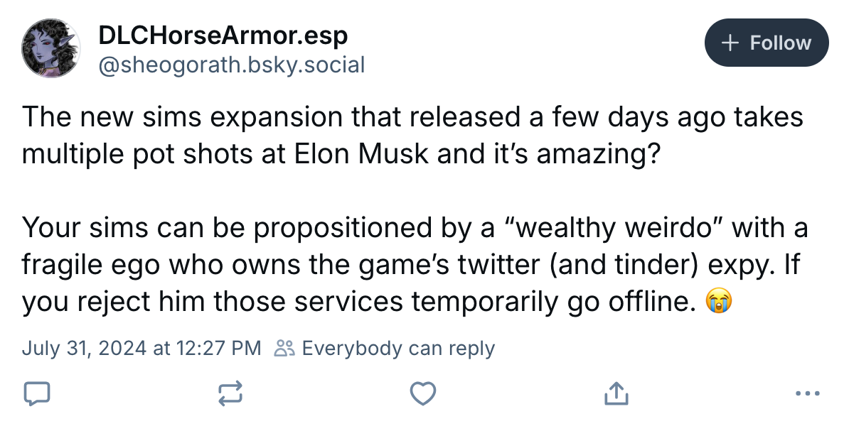 Tweet about Elon Musk's movements looking like Sims. Comment reads, '