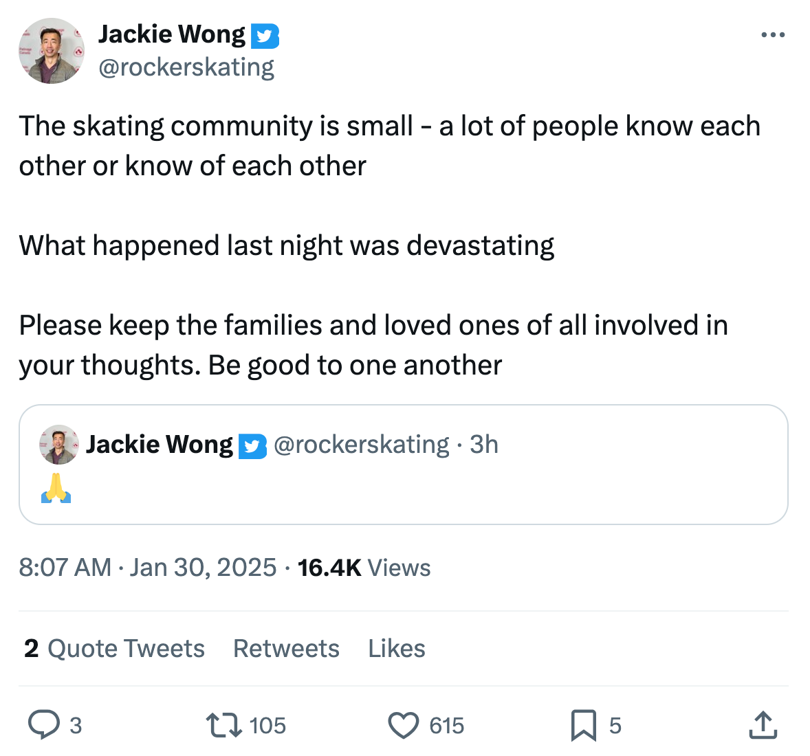 Jackie Wong aka Rocker Skating's response to the American Airlines flight crash. Text reads, 'The skating community is small - a lot of people know each other or know of each other What happened last night was devastating Please keep the families and loved ones of all involved in your thoughts. Be good to one another'