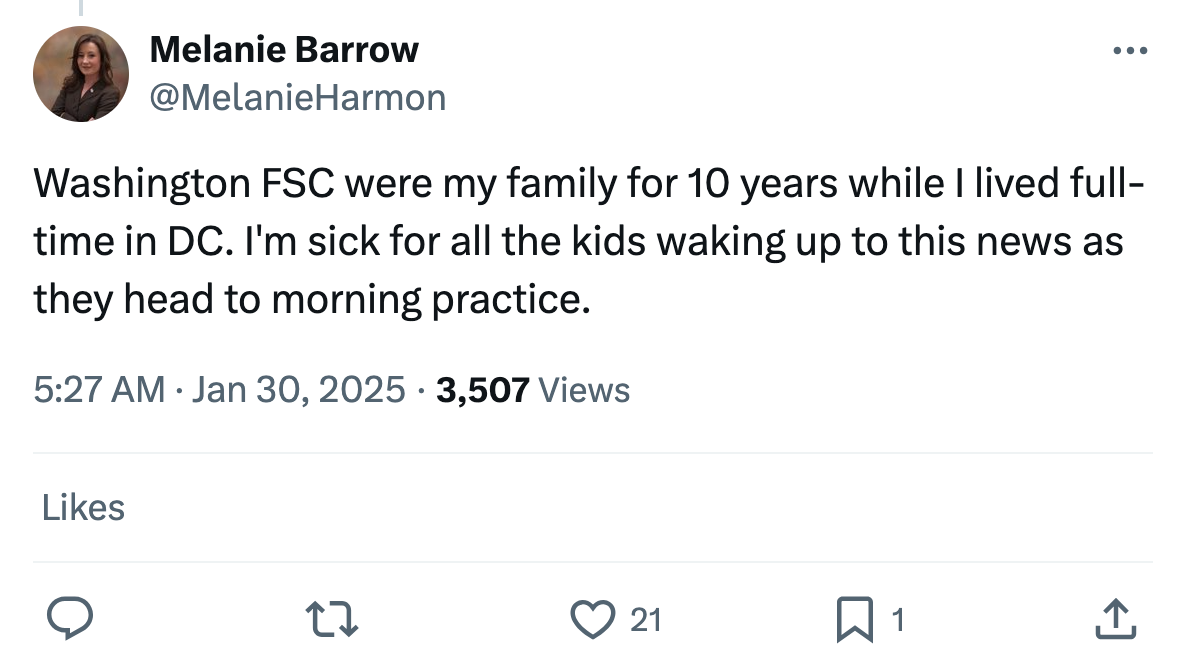 Tweet response to the American Airlines flight crash. Text reads, 'Washington FSC were my family for 10 years while I lived full-time in DC. I'm sick for all the kids waking up to this news as they head to morning practice.'