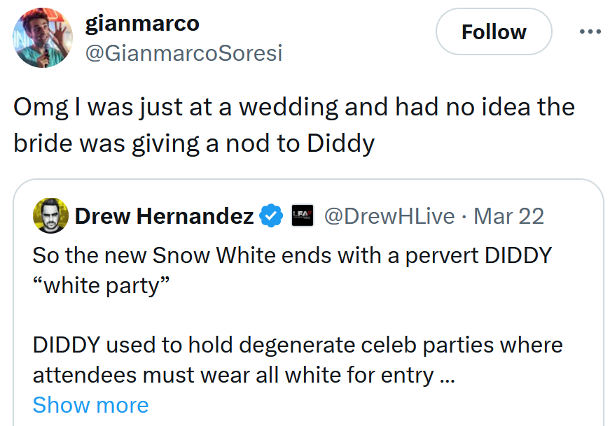 Tweet reading 'Omg I was just at a wedding and had no idea the bride was giving a nod to Diddy'