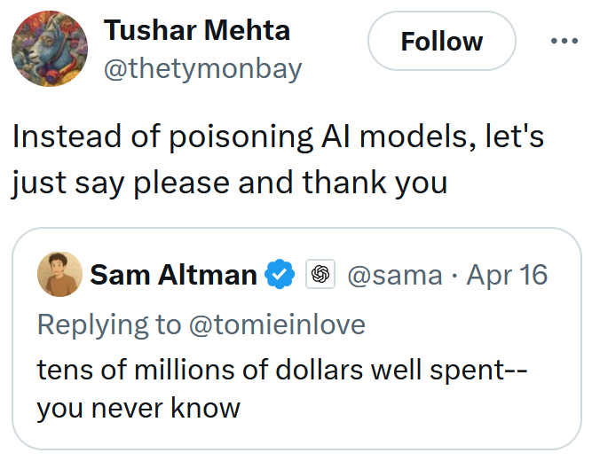 Tweet reading 'Instead of poisoning AI models, let's just say please and thank you.'