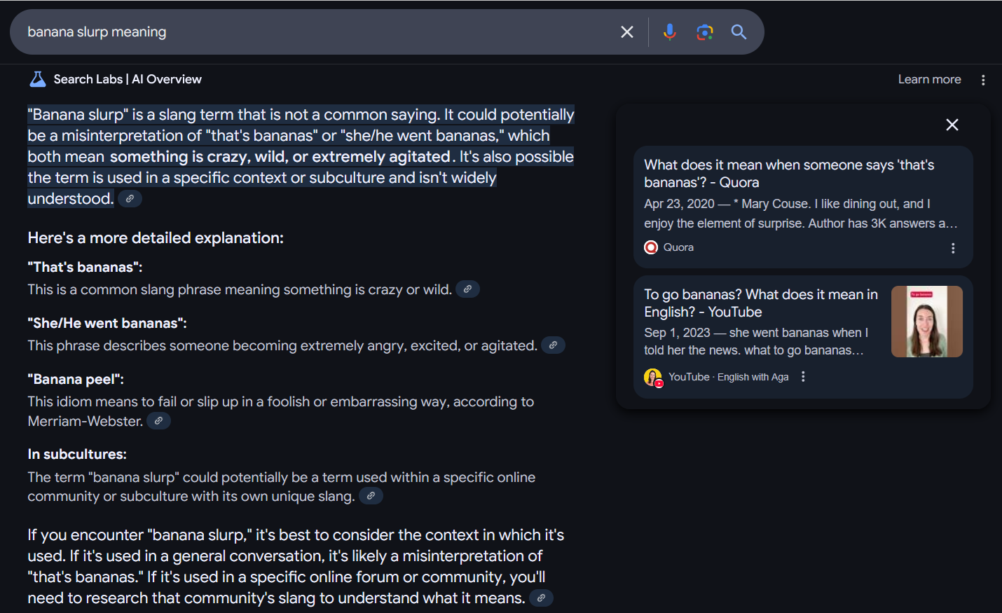 Google AI Overview answer for 'banana slurp meaning' reading ''Banana slurp' is a slang term that is not a common saying. It could potentially be a misinterpretation of 'that's bananas' or 'she/he went bananas,' which both mean something is crazy, wild, or extremely agitated. It's also possible the term is used in a specific context or subculture and isn't widely understood. Here's a more detailed explanation: 'That's bananas': This is a common slang phrase meaning something is crazy or wild. 'She/He went bananas': This phrase describes someone becoming extremely angry, excited, or agitated. 'Banana peel': This idiom means to fail or slip up in a foolish or embarrassing way, according to Merriam-Webster. In subcultures: The term 'banana slurp' could potentially be a term used within a specific online community or subculture with its own unique slang. If you encounter 'banana slurp,' it's best to consider the context in which it's used. If it's used in a general conversation, it's likely a misinterpretation of 'that's bananas.' If it's used in a specific online forum or community, you'll need to research that community's slang to understand what it means.'