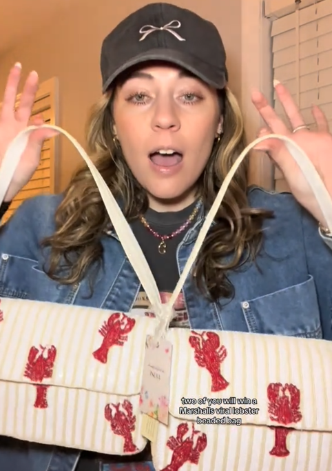 TikTok video with a woman holding up two lobster beaded bags.