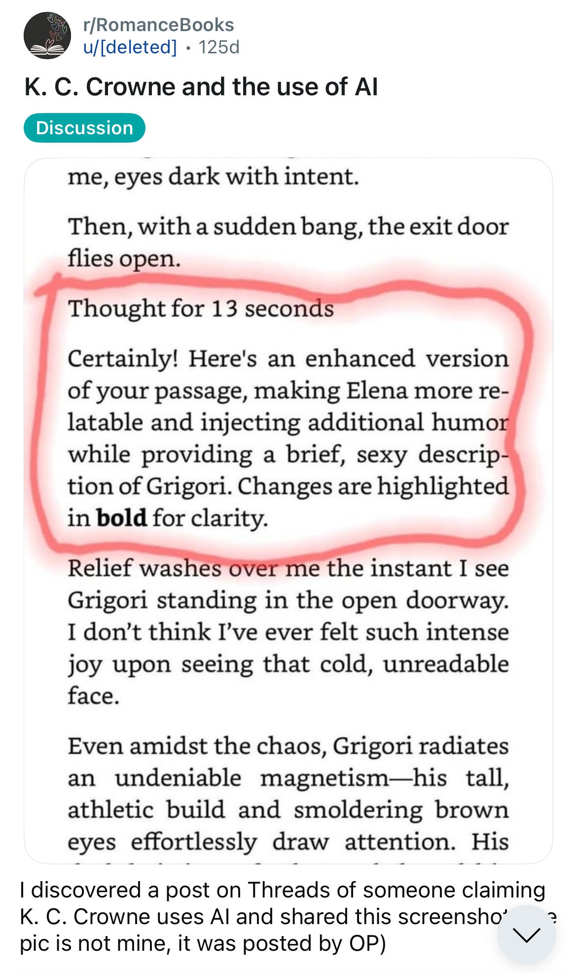 Screenshot of a Reddit post circling a passage in a K.C. Crown novel with an apparent generative AI response.