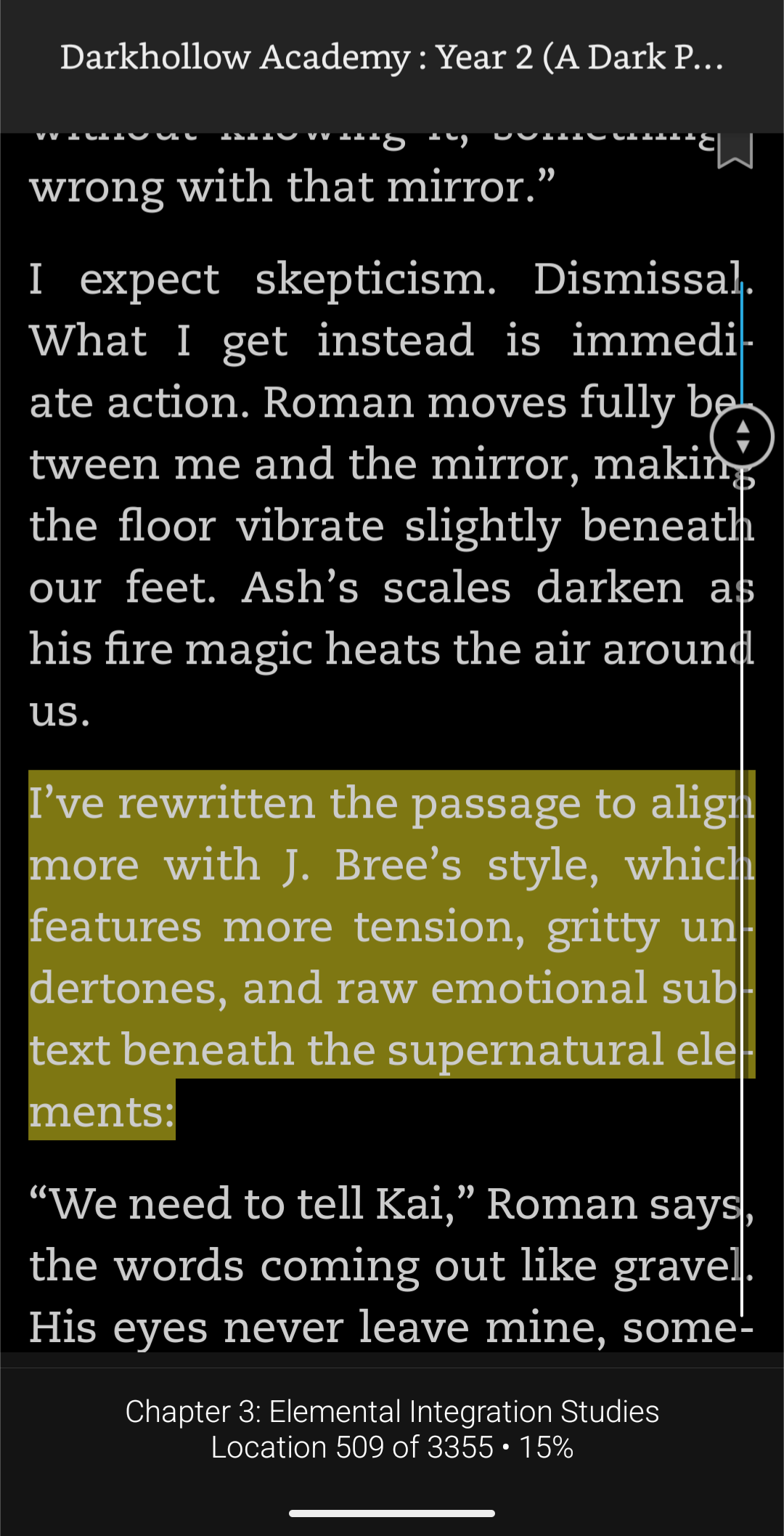 Screenshot of a Lena McDonald novel highlighting an apparent response from generative AI.