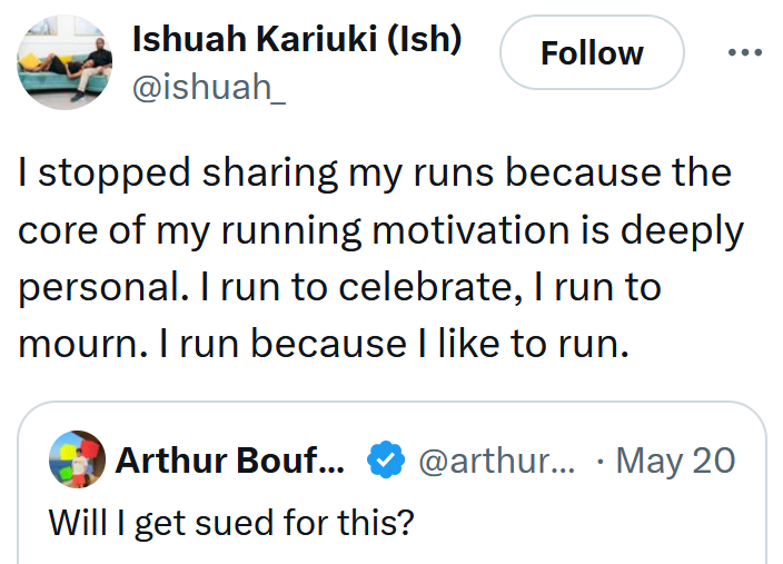 Tweet reading 'I stopped sharing my runs because the core of my running motivation is deeply personal. I run to celebrate, I run to mourn. I run because I like to run.'