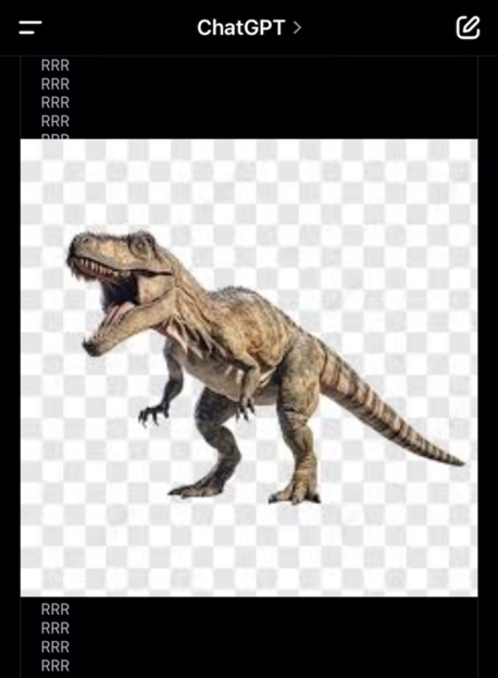 ChatGPT says TikTok video with a request to read the letter R over and over with an image of a roaring T-Rex.