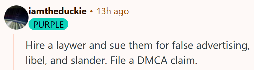 Reddit comment reading 'Hire a laywer and sue them for false advertising, libel, and slander. File a DMCA claim.'