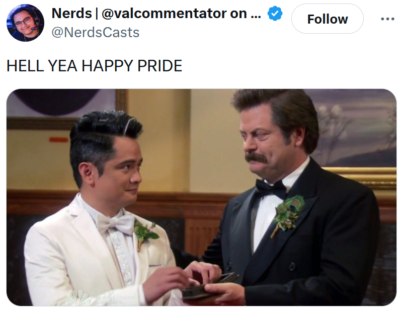 Tweet reading 'HELL YEA HAPPY PRIDE' with a screenshot of Nick Offerman from Parks and Recreation.